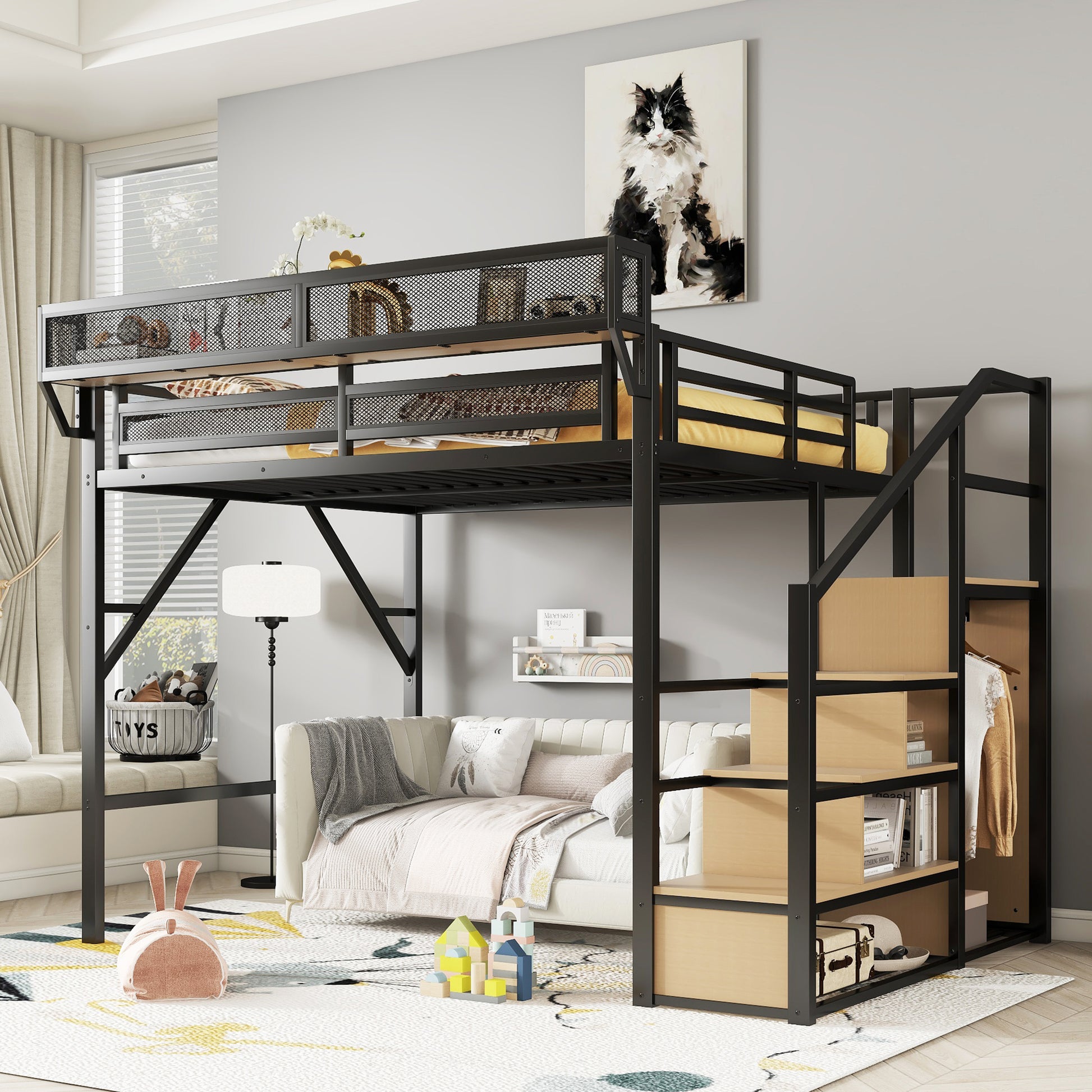 Queen Size Loft Bed with Stairs, Metal Queen Loft Bed with Storage Shelves, High Loft Bed with Wardrobe for Kids Teens Adults, Black(Old SKU W2580S00028) Patent Products image 1