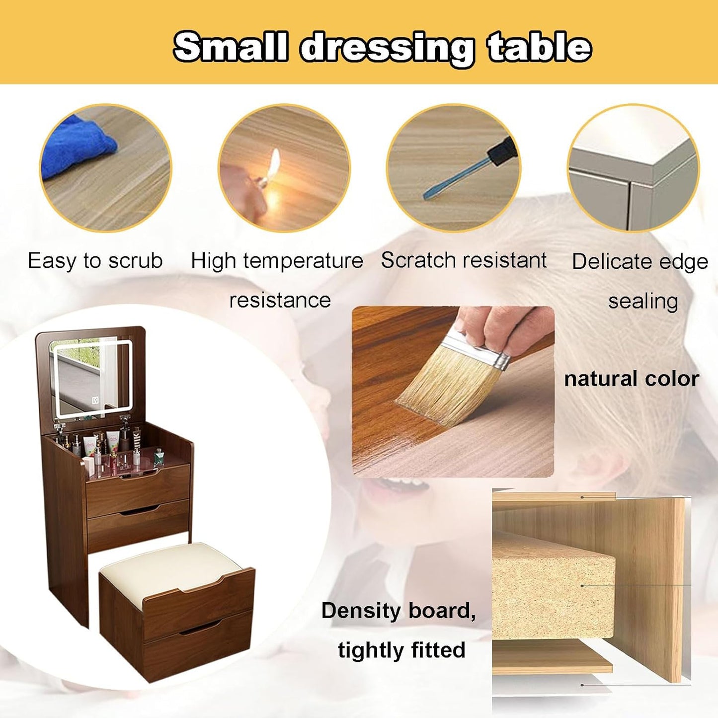 (48cm)(Walnut) 3 in 1 Vanity Desk with Plip Top Mirror,Small Make Up Vanity Set with Visible Glass Desktop, Compact Makeup Vanity with 3 Drawers, Dressing Table image 5