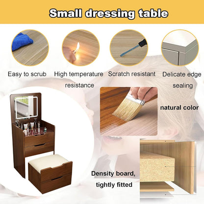 (48cm)(Walnut) 3 in 1 Vanity Desk with Plip Top Mirror,Small Make Up Vanity Set with Visible Glass Desktop, Compact Makeup Vanity with 3 Drawers, Dressing Table image 5