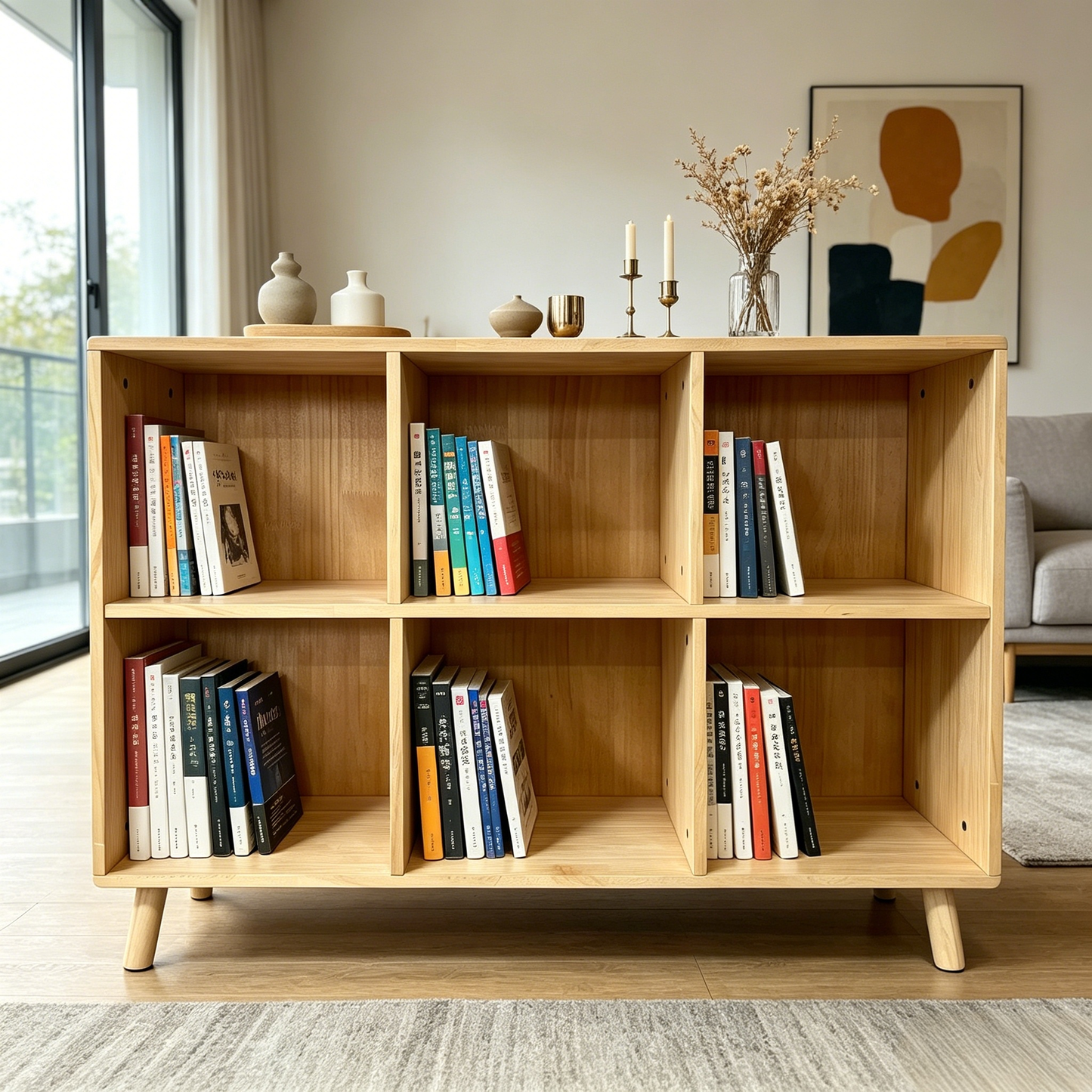 6 Cube Wooden Storage Shelf, Freestanding Open Bookcase with Legs, Natural Solid Wood Cubby Organizer for Living Room, Bedroom, Office, Entryway image 1