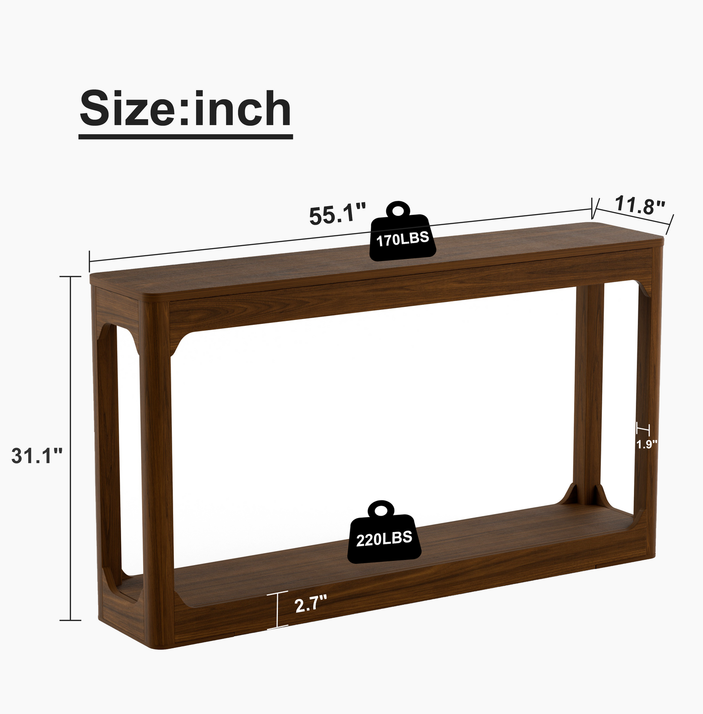 55.1-inch curved-leg storage table, ideal for entryways, slim wooden side table that can be placed behind a sofa, perfect for entryways, hallways, and doorways. Walnut,55.1"L*11.8"W*31.1"H image 7