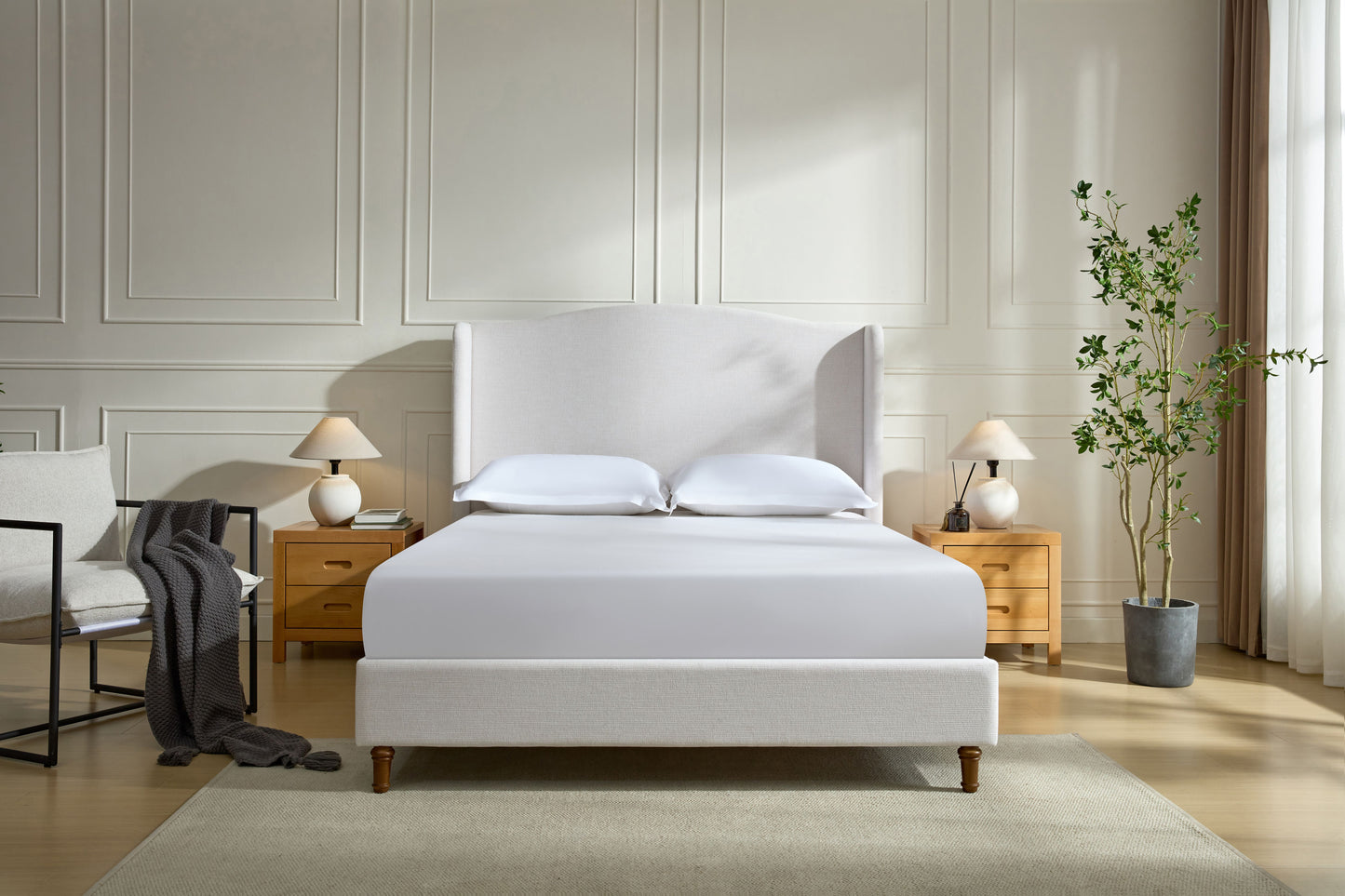 Hannah Upholstered Wingback Bed Size Queen / Tall 54" Headboard Upholstered Queen Bed / Premium Textured Canvas Chenille Look Ivory / Minimalist Designs / No Box Spring Needed / Easy Assembly / Queen image 3