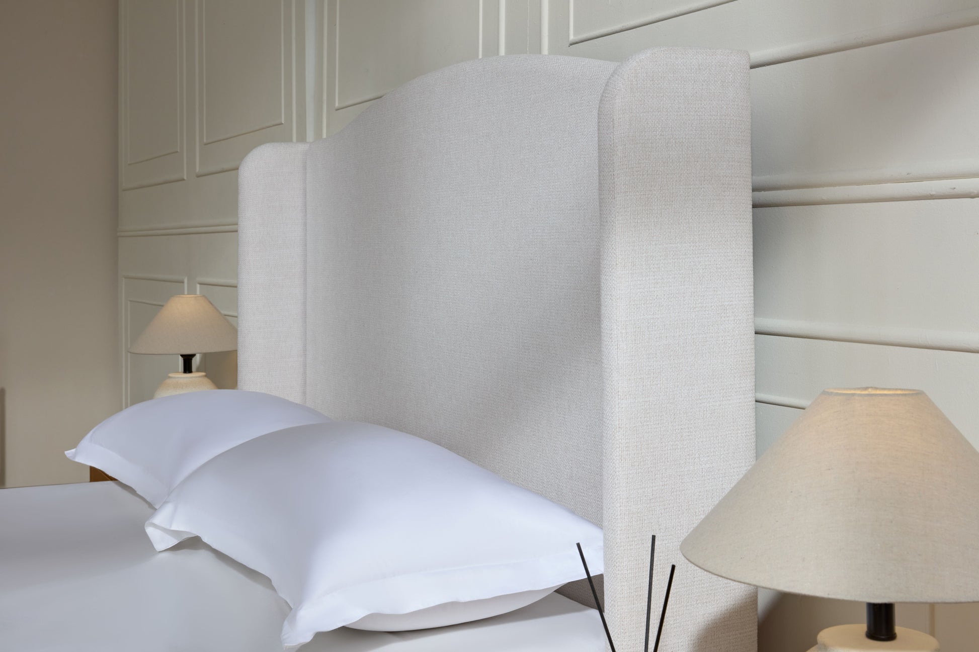 Hannah Upholstered Wingback Bed Size Queen / Tall 54" Headboard Upholstered Queen Bed / Premium Textured Canvas Chenille Look Ivory / Minimalist Designs / No Box Spring Needed / Easy Assembly / Queen image 7