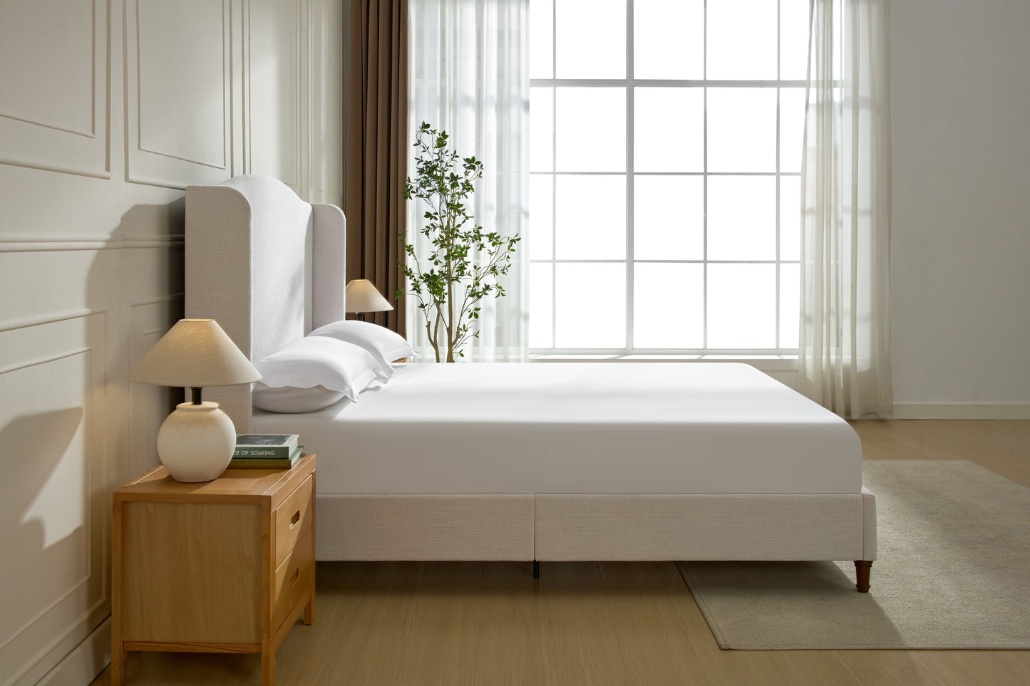 Hannah Upholstered Wingback Bed Size King / Tall 54" Headboard Upholstered King Bed / Premium Textured Canvas Chenille Look Ivory / Minimalist Designs
/ No Box Spring Needed / Easy Assembly / King image 12