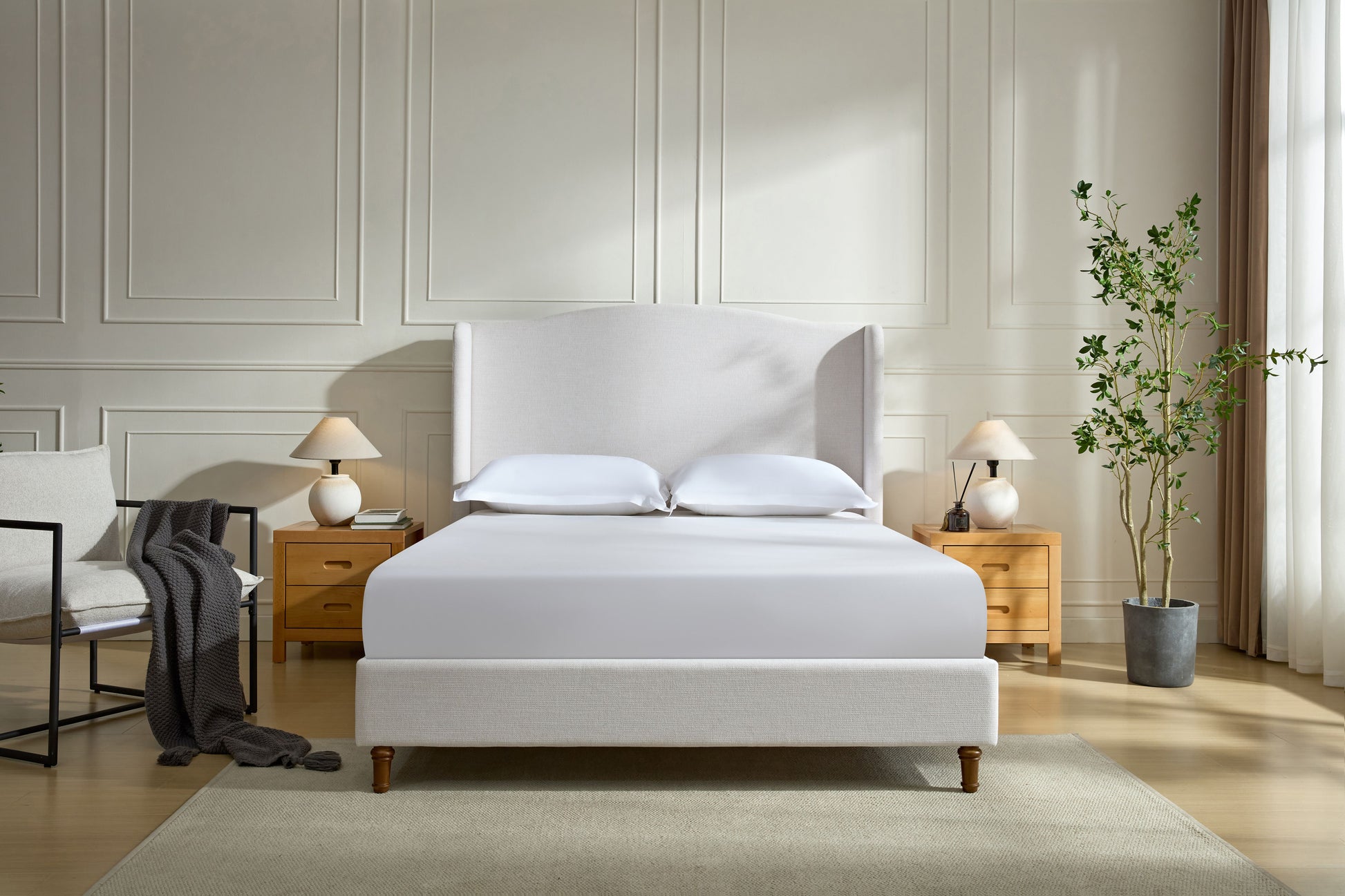 Hannah Upholstered Wingback Bed Size King / Tall 54" Headboard Upholstered King Bed / Premium Textured Canvas Chenille Look Ivory / Minimalist Designs
/ No Box Spring Needed / Easy Assembly / King image 3