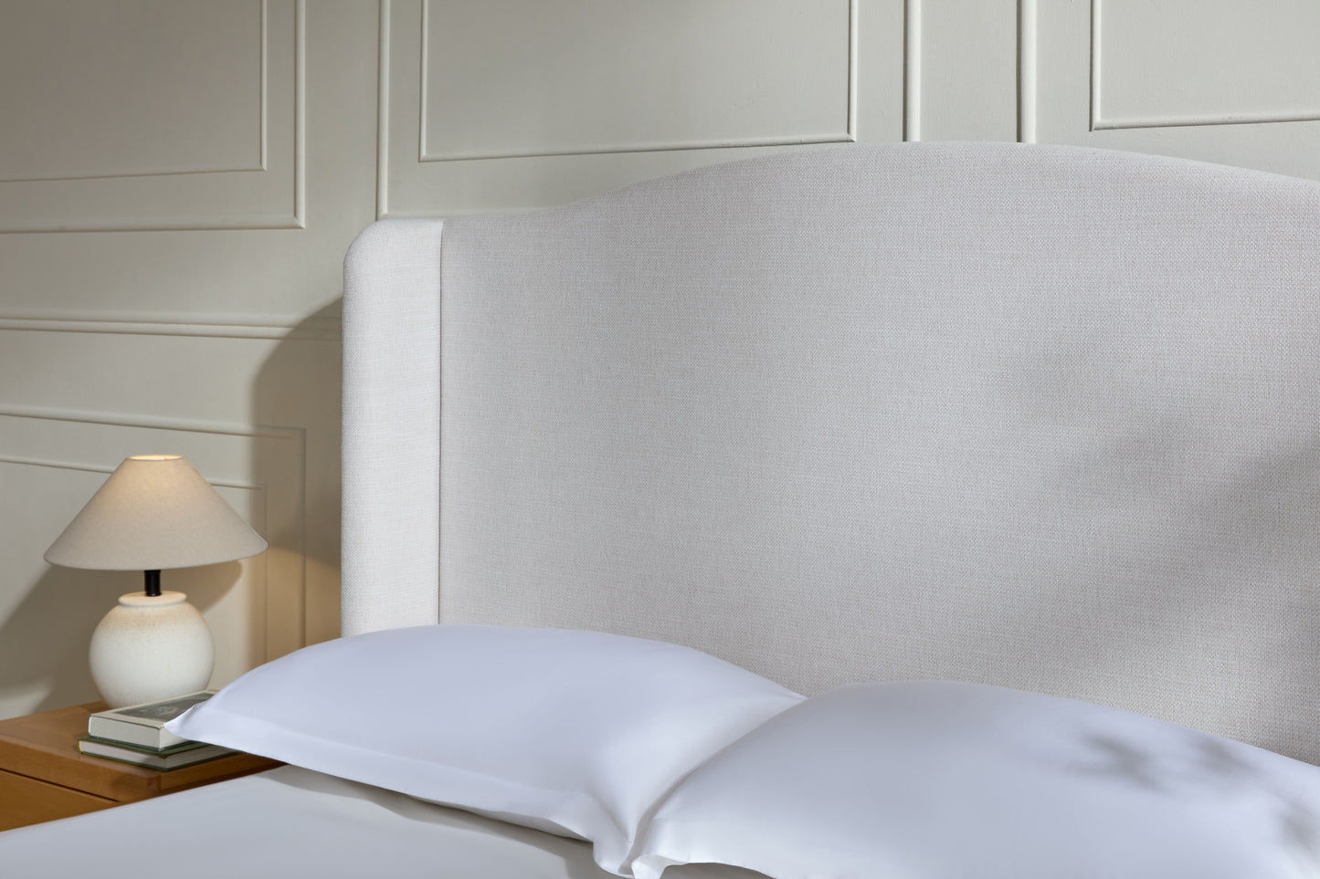 Hannah Upholstered Wingback Bed Size King / Tall 54" Headboard Upholstered King Bed / Premium Textured Canvas Chenille Look Ivory / Minimalist Designs
/ No Box Spring Needed / Easy Assembly / King image 9