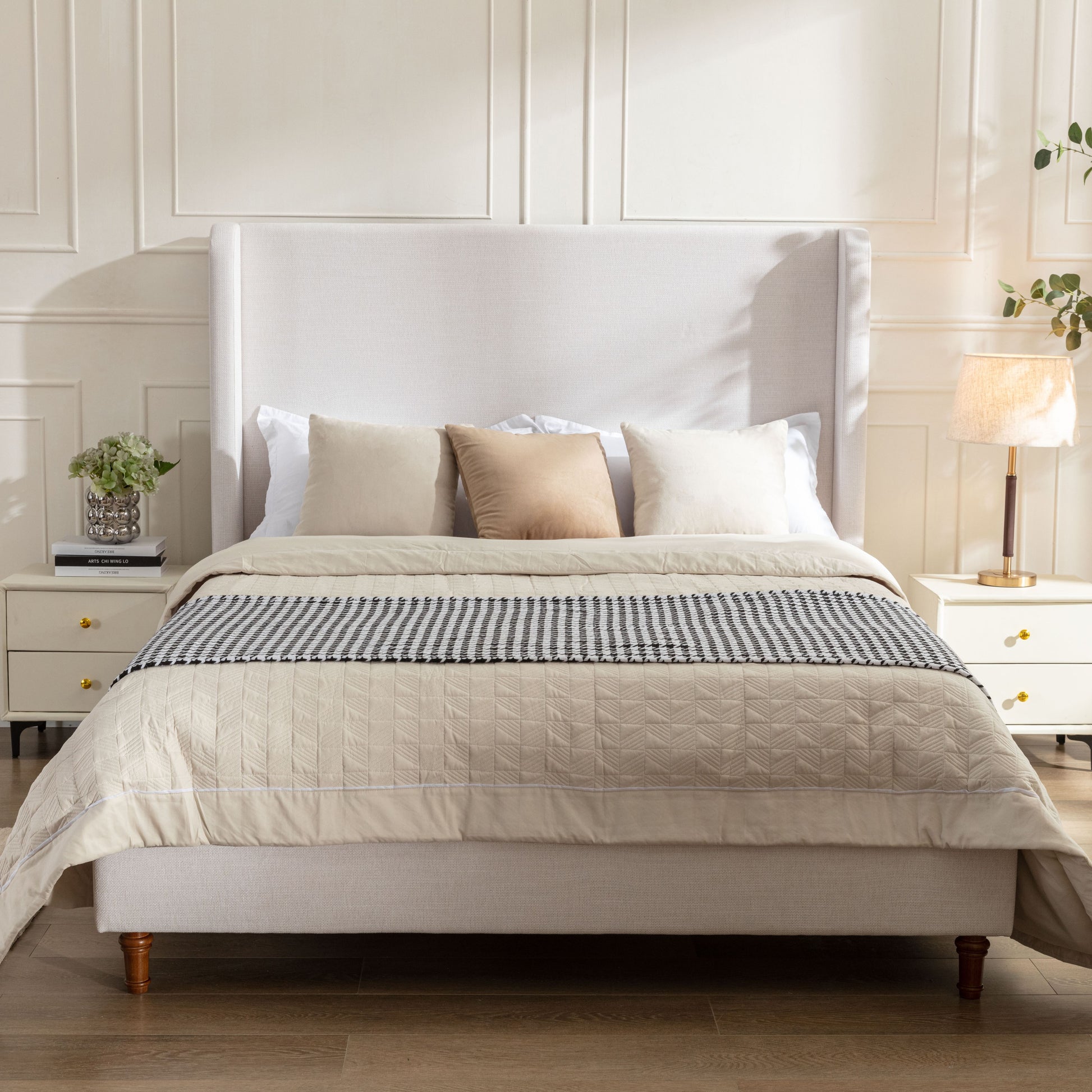 Hayden Upholstered Wingback Bed Size Queen / Tall 54" Headboard Upholstered Queen Bed / Without Wooden Slats / Box Spring Request / Queen / Textured Ivory Canvas / Elegant Simplicity / Easy Assembly image 3