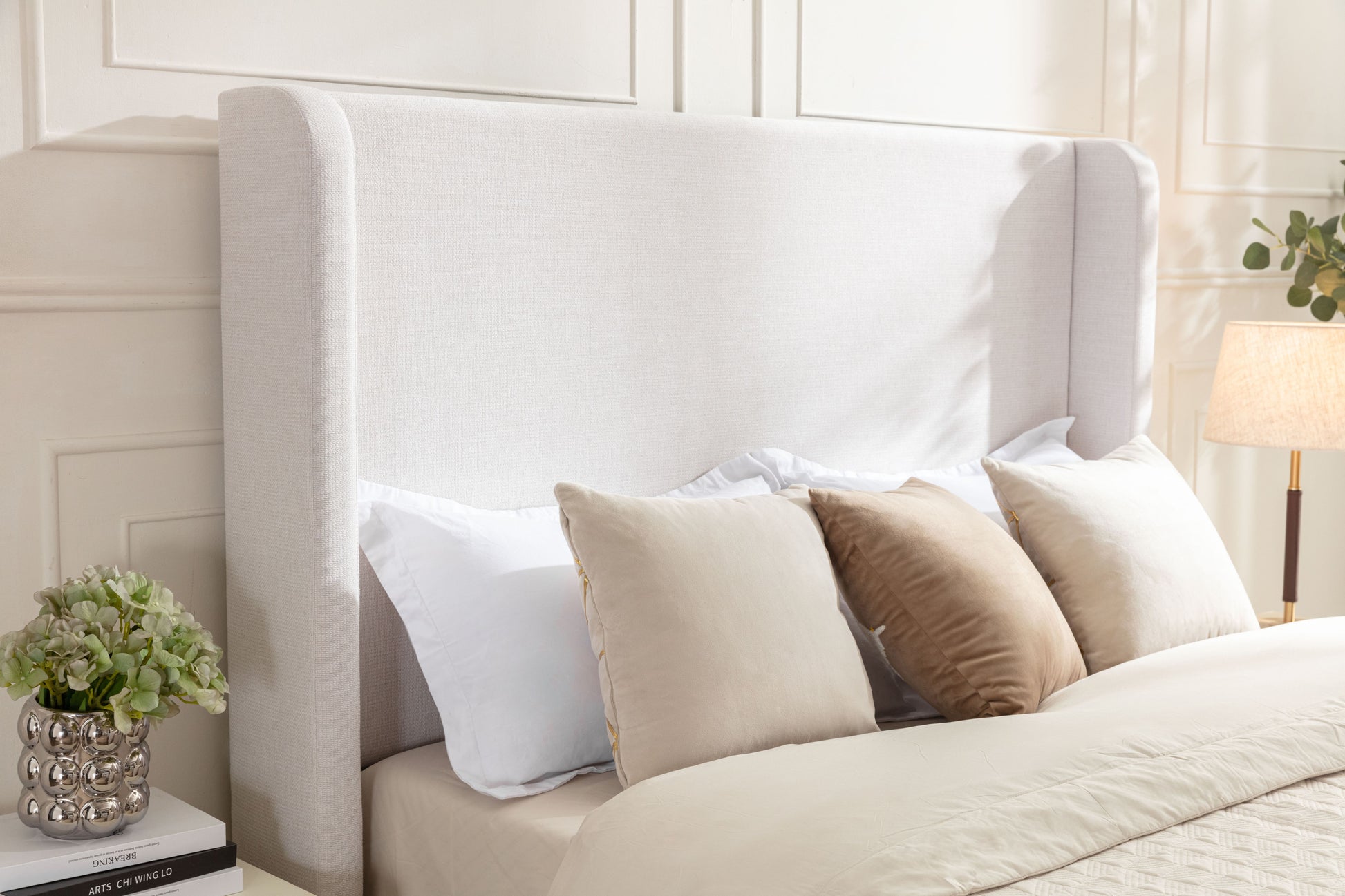 Hayden Upholstered Wingback Bed Size Queen / Tall 54" Headboard Upholstered Queen Bed / Without Wooden Slats / Box Spring Request / Queen / Textured Ivory Canvas / Elegant Simplicity / Easy Assembly image 6