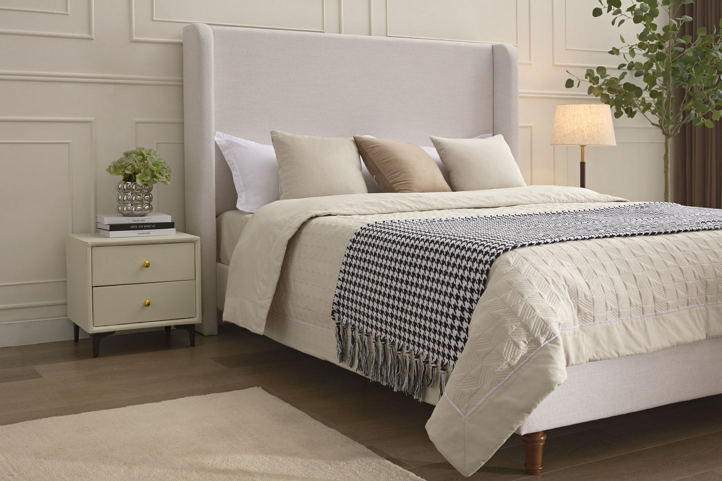 Hayden Upholstered Wingback Bed Size Queen / Tall 54" Headboard Upholstered Queen Bed / Without Wooden Slats / Box Spring Request / Queen / Textured Ivory Canvas / Elegant Simplicity / Easy Assembly image 8