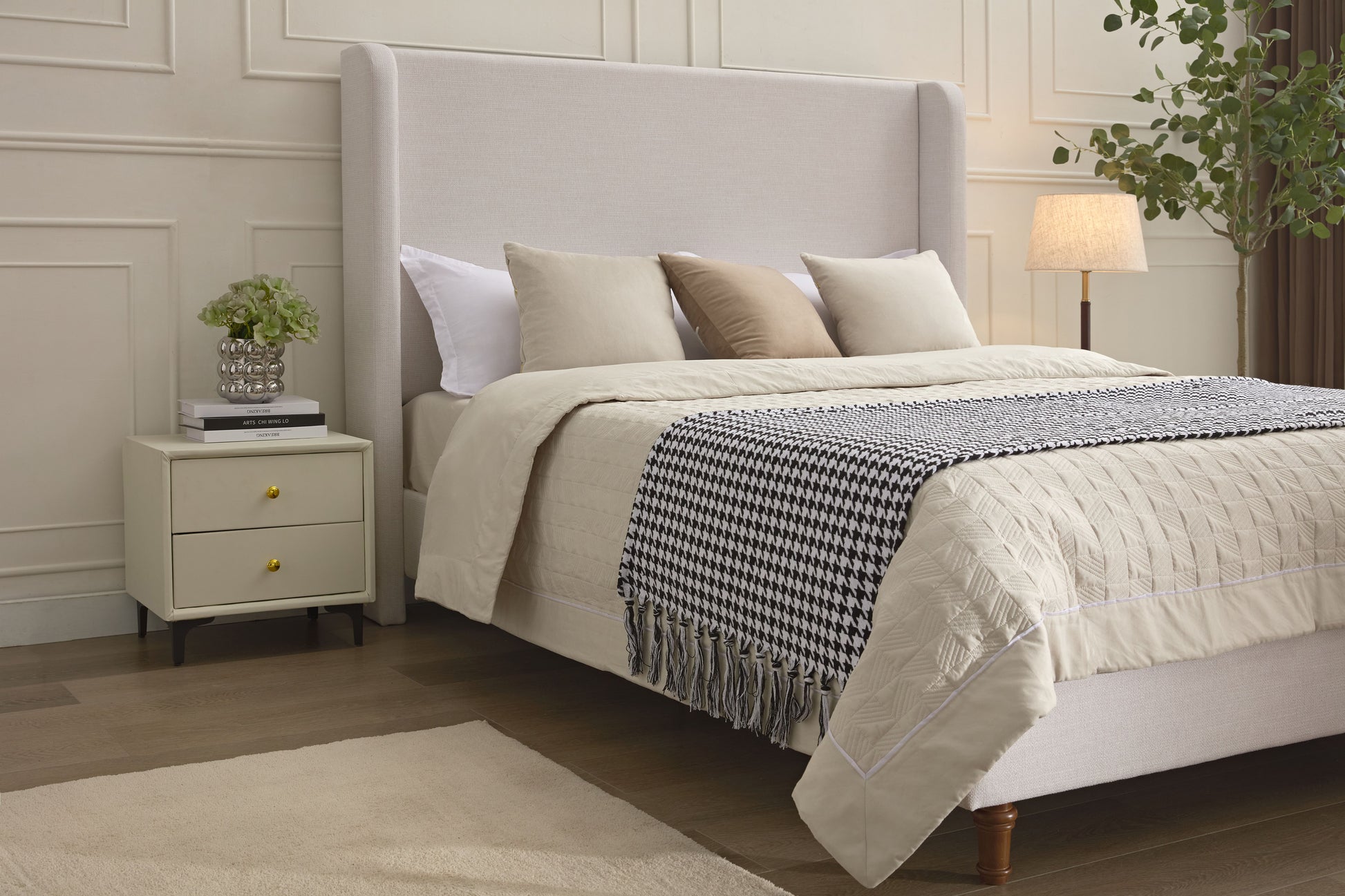 Hayden Upholstered Wingback Bed Size Queen / Tall 54" Headboard Upholstered Queen Bed / Without Wooden Slats / Box Spring Request / Queen / Textured Ivory Canvas / Elegant Simplicity / Easy Assembly image 8