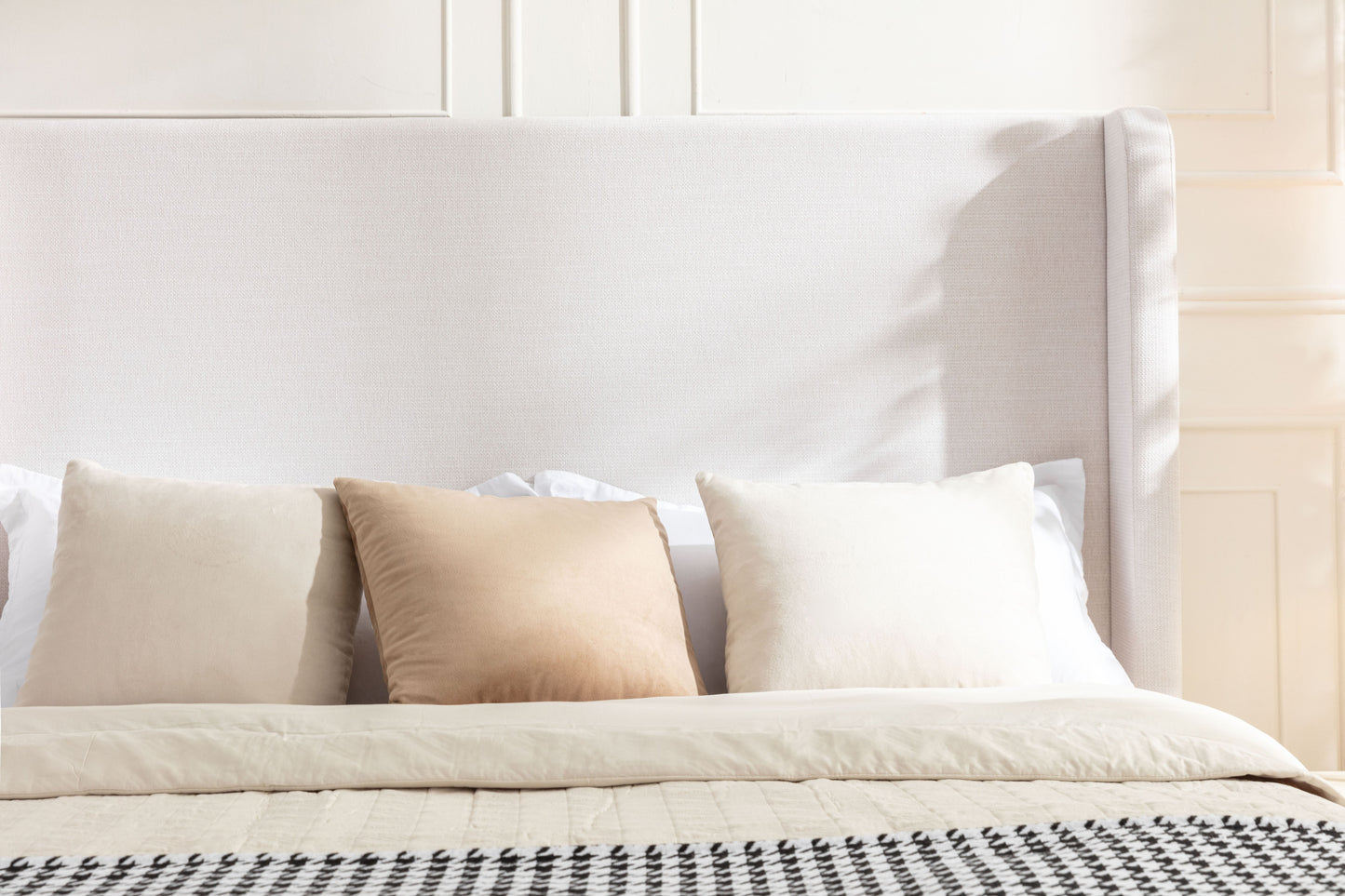 Hayden Upholstered Wingback Bed Size King / Tall 54" Headboard Upholstered King Bed / Without Wooden Slats / Box Spring Required / King / Textured Ivory Canvas / Elegant Simplicity / Easy Assembly image 4