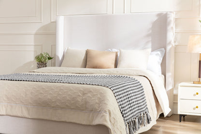 Hayden Upholstered Wingback Bed Size King / Tall 54" Headboard Upholstered King Bed / Without Wooden Slats / Box Spring Required / King / Textured Ivory Canvas / Elegant Simplicity / Easy Assembly image 7