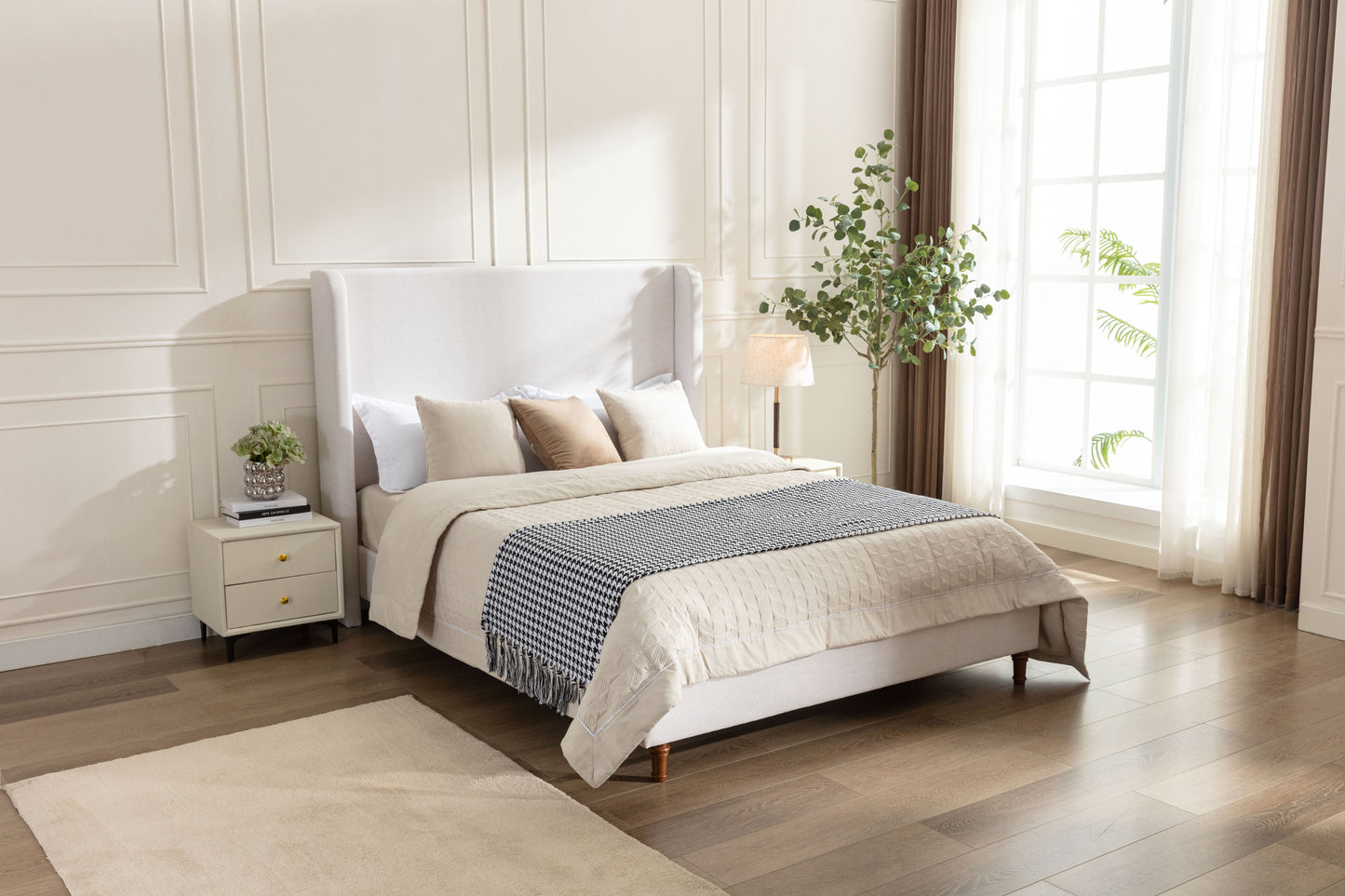 Hayden Upholstered Wingback Bed Size King / Tall 54" Headboard Upholstered King Bed / Without Wooden Slats / Box Spring Required / King / Textured Ivory Canvas / Elegant Simplicity / Easy Assembly image 8