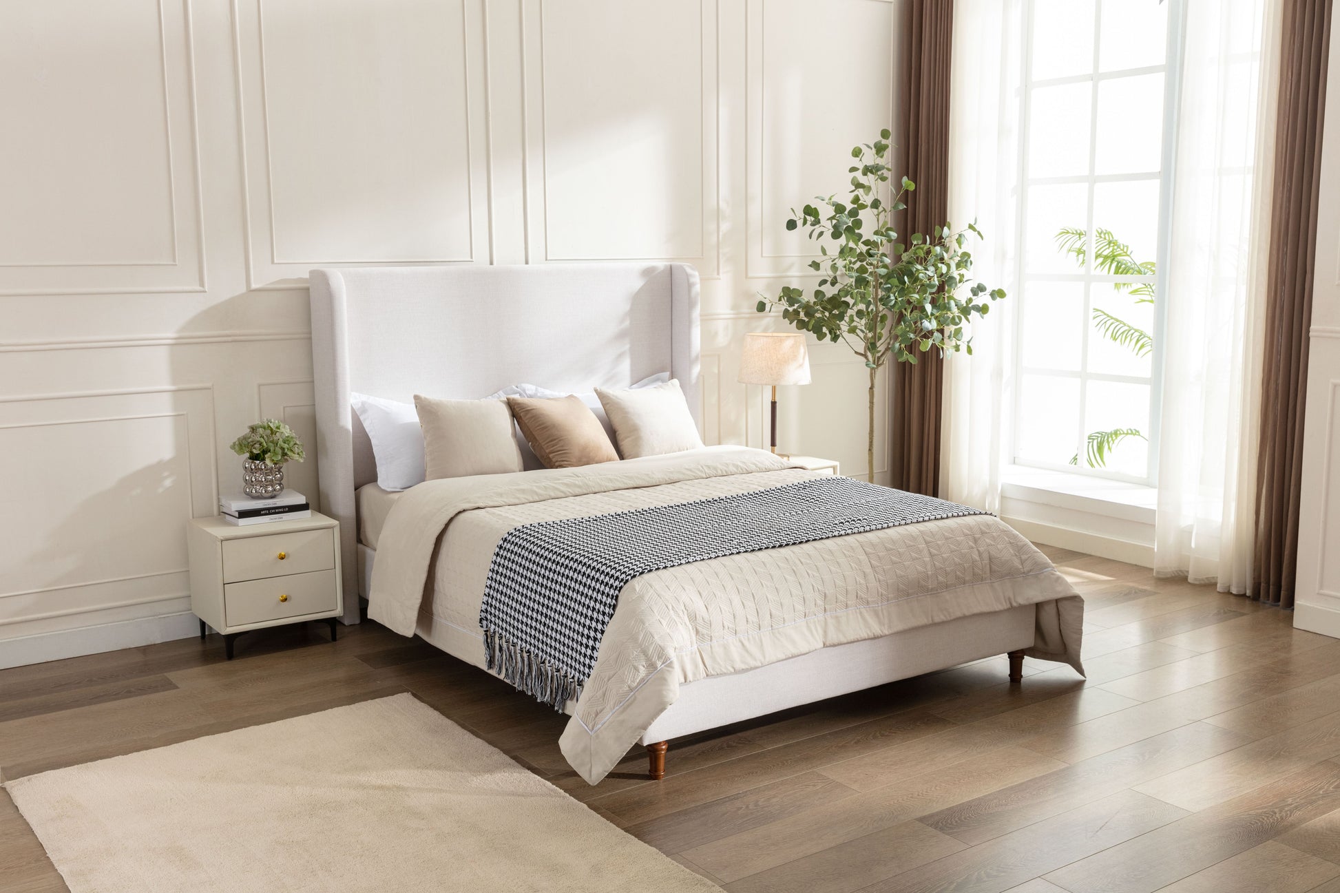 Harper Tall Headboard Upholstered Bed / 54" High Headboard / Elegant Simplicity / No Box Spring Needed / Easy Assembly / California King / Textured Ivory Canvas image 7