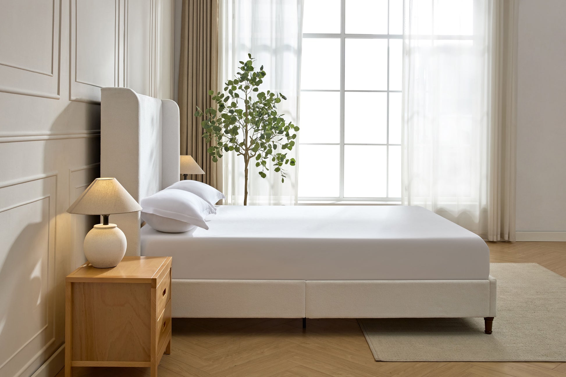Harper Tall Headboard Upholstered Bed / 54" High Headboard / Elegant Simplicity / No Box Spring Needed / Easy Assembly / California King / Cream White Chenille image 11