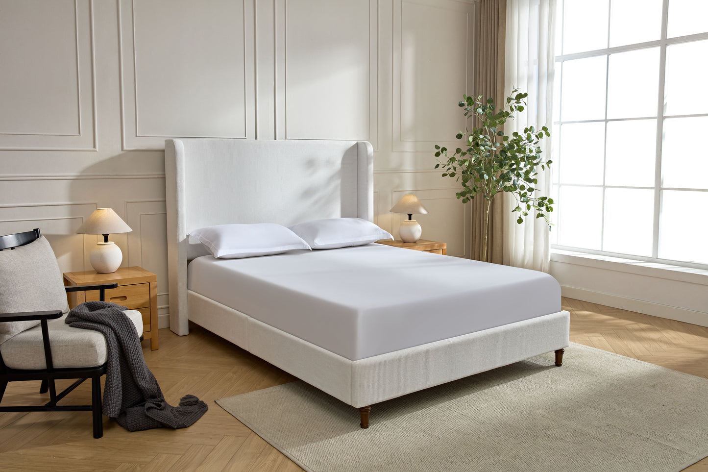 Harper Tall Headboard Upholstered Bed / 54" High Headboard / Elegant Simplicity / No Box Spring Needed / Easy Assembly / California King / Cream White Chenille image 7
