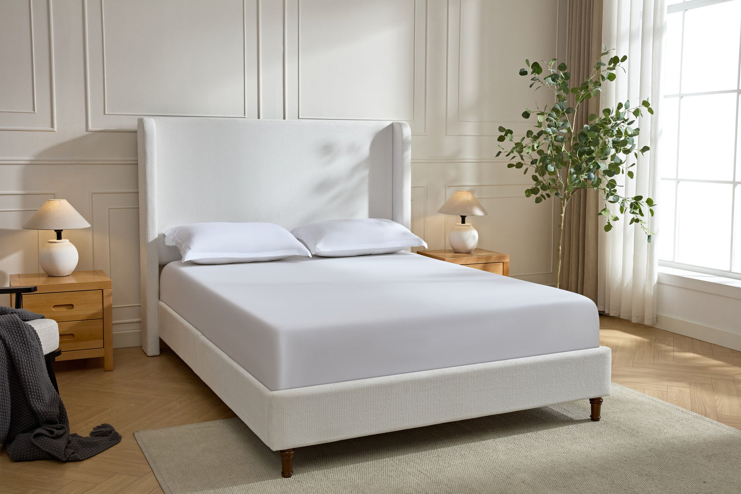 Harper Tall Headboard Upholstered Bed / 54" High Headboard / Elegant Simplicity / No Box Spring Needed / Easy Assembly / California King / Cream White Chenille image 8