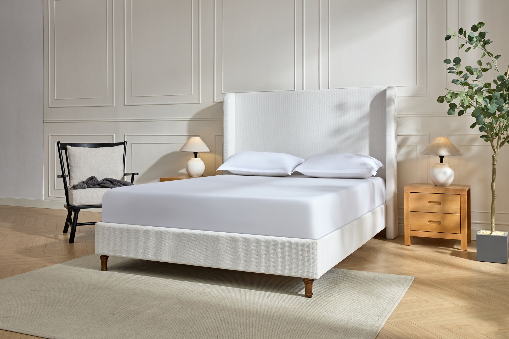 Harper Tall Headboard Upholstered Bed / 54" High Headboard / Elegant Simplicity / No Box Spring Needed / Easy Assembly / California King / Cream White Chenille image 9