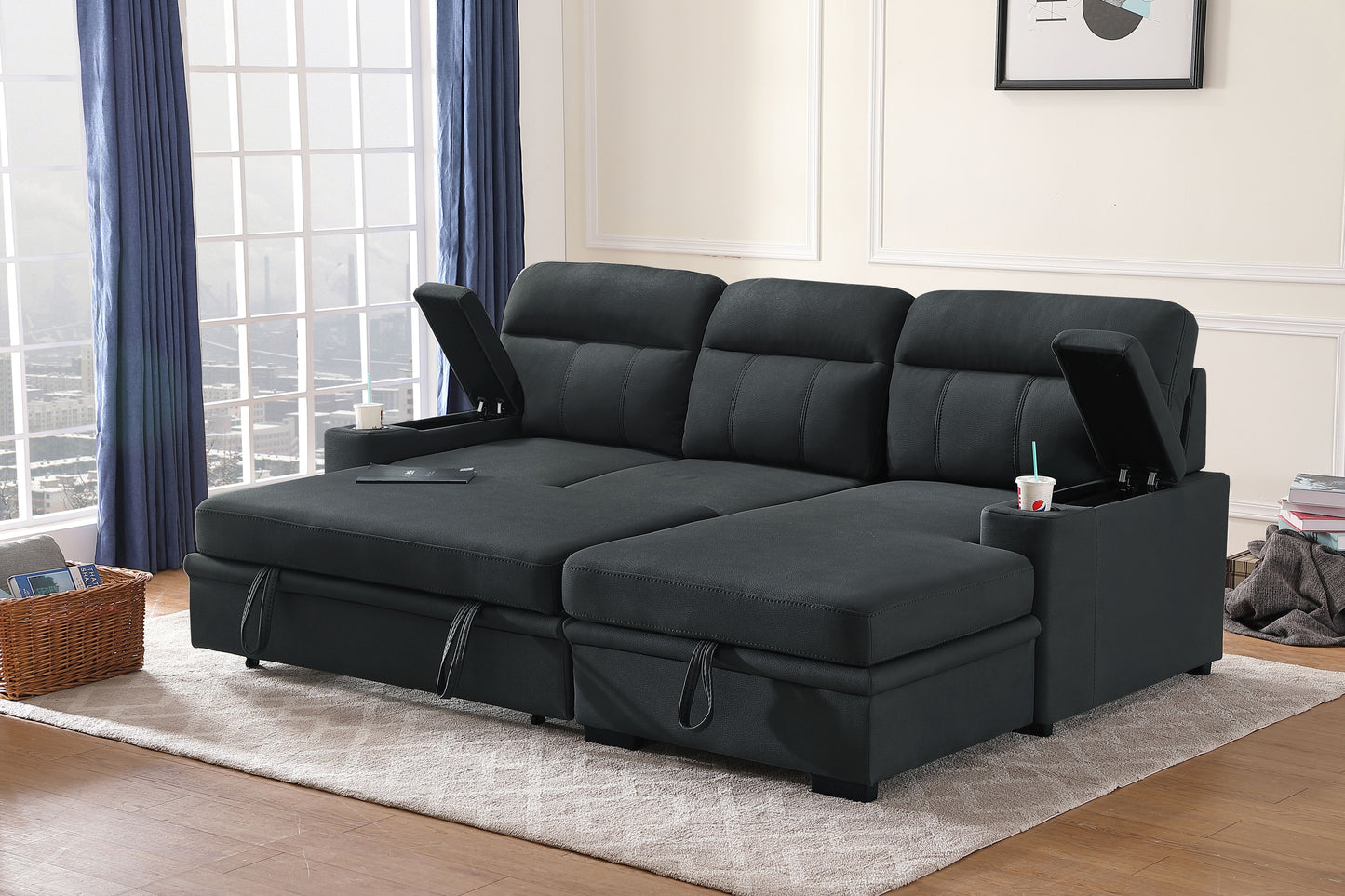 Kael 93-inch Black Polished Microfiber Sleeper Sectional Sofa with Right-Facing Chaise – L-Shaped Pull-Out Sleeper Bed, Dual Cupholders, Storage Arms, Contemporary Functional Design image 1