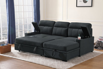 Kael 93-inch Black Polished Microfiber Sleeper Sectional Sofa with Right-Facing Chaise – L-Shaped Pull-Out Sleeper Bed, Dual Cupholders, Storage Arms, Contemporary Functional Design image 1