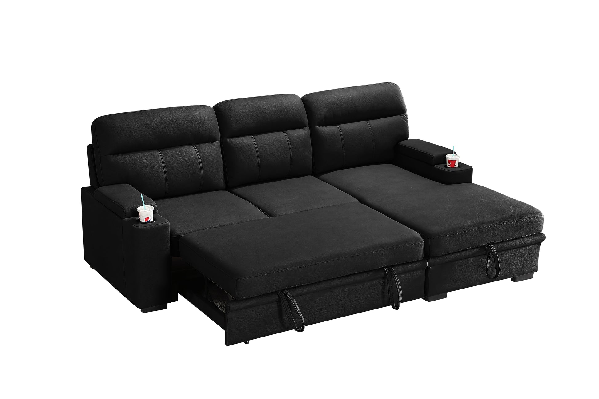 Kael 93-inch Black Polished Microfiber Sleeper Sectional Sofa with Right-Facing Chaise – L-Shaped Pull-Out Sleeper Bed, Dual Cupholders, Storage Arms, Contemporary Functional Design image 2