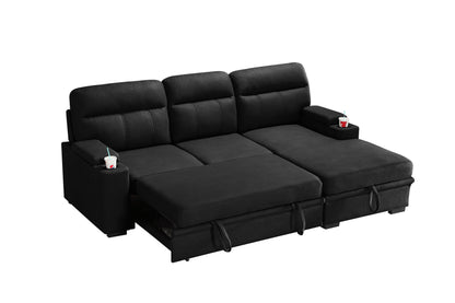 Kael 93-inch Black Polished Microfiber Sleeper Sectional Sofa with Right-Facing Chaise – L-Shaped Pull-Out Sleeper Bed, Dual Cupholders, Storage Arms, Contemporary Functional Design image 2