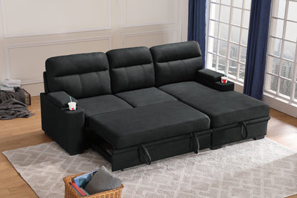 Kael 93-inch Black Polished Microfiber Sleeper Sectional Sofa with Right-Facing Chaise – L-Shaped Pull-Out Sleeper Bed, Dual Cupholders, Storage Arms, Contemporary Functional Design image 3