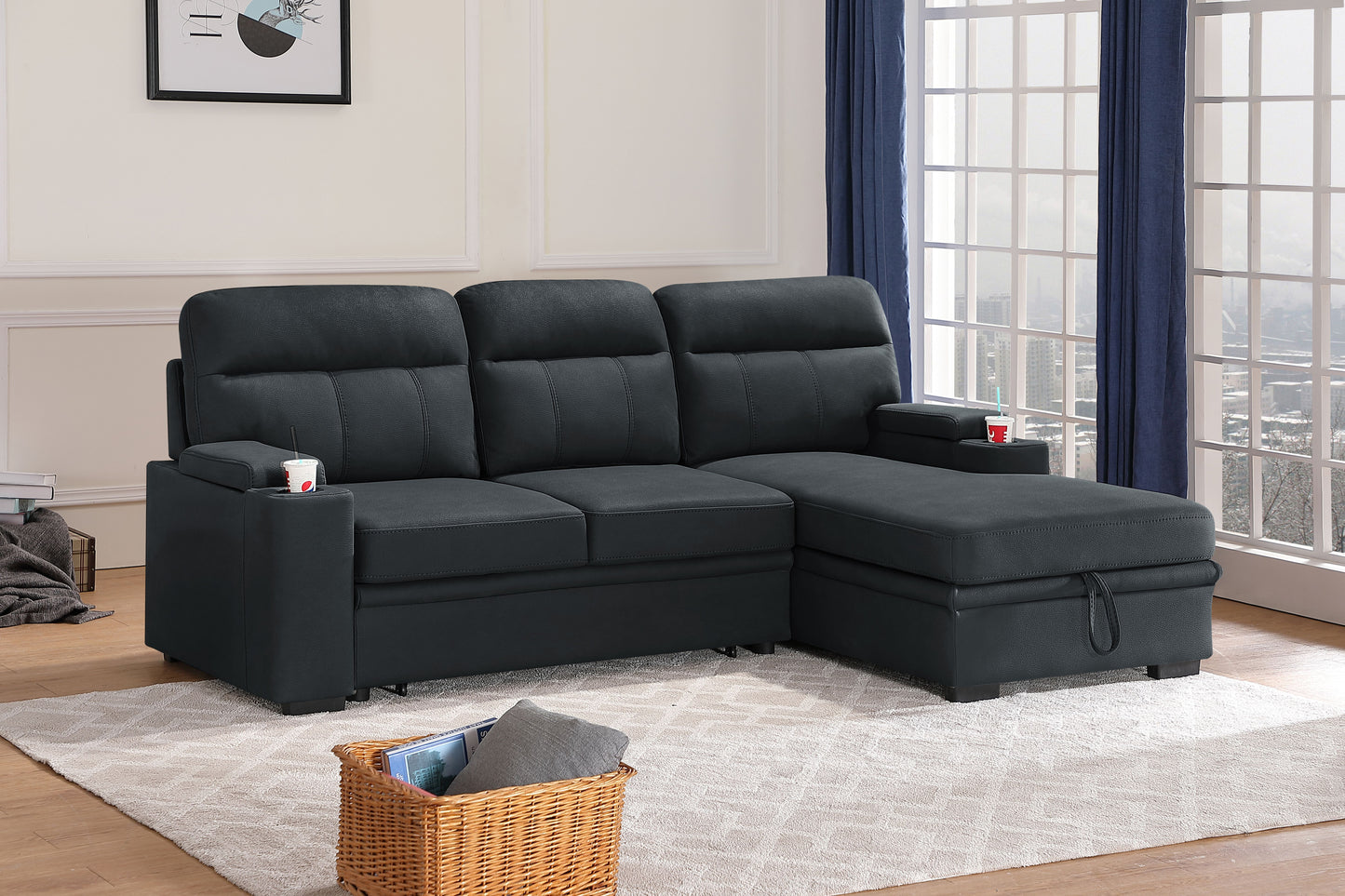 Kael 93-inch Black Polished Microfiber Sleeper Sectional Sofa with Right-Facing Chaise – L-Shaped Pull-Out Sleeper Bed, Dual Cupholders, Storage Arms, Contemporary Functional Design image 4
