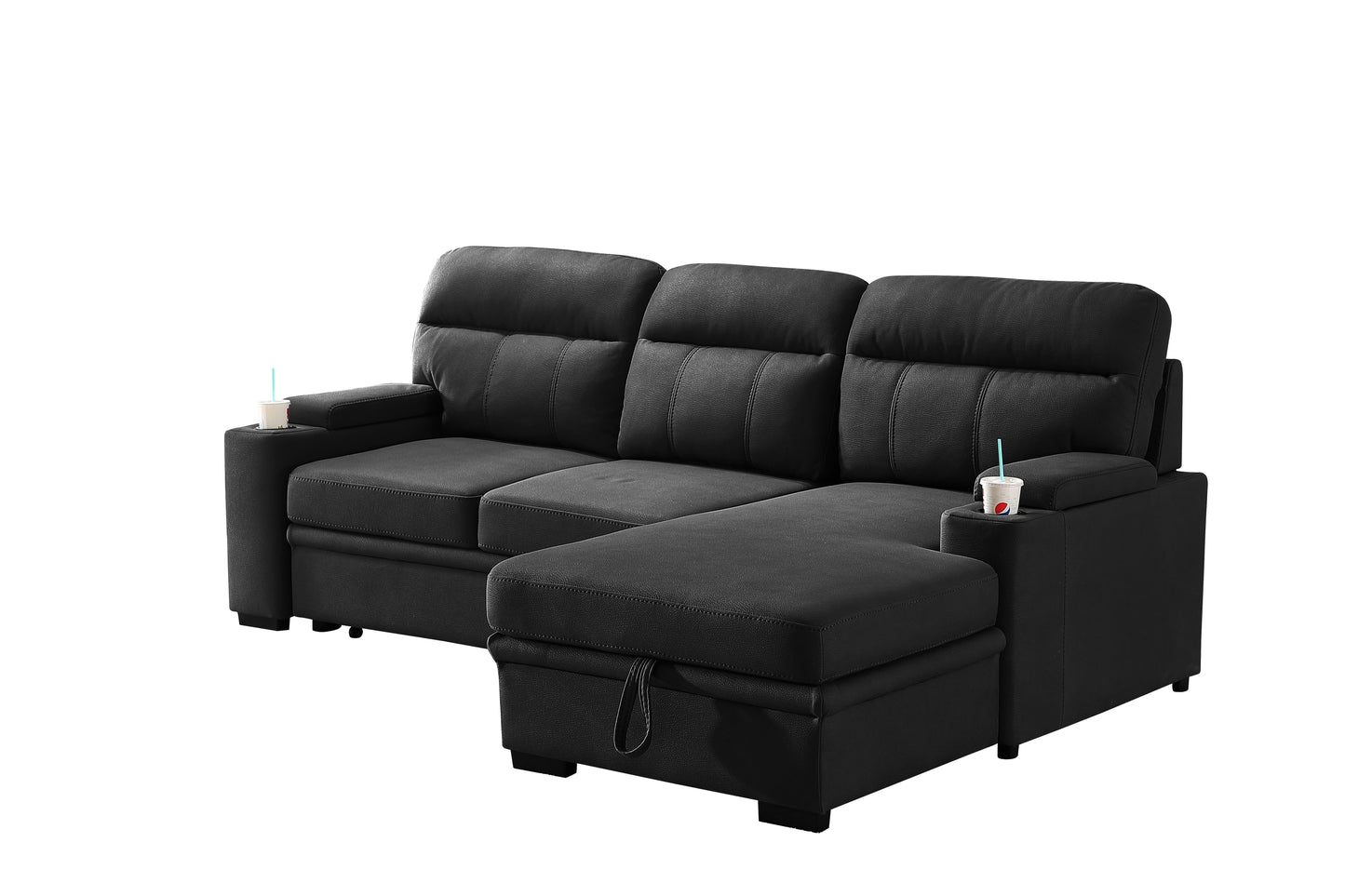 Kael 93-inch Black Polished Microfiber Sleeper Sectional Sofa with Right-Facing Chaise – L-Shaped Pull-Out Sleeper Bed, Dual Cupholders, Storage Arms, Contemporary Functional Design image 5
