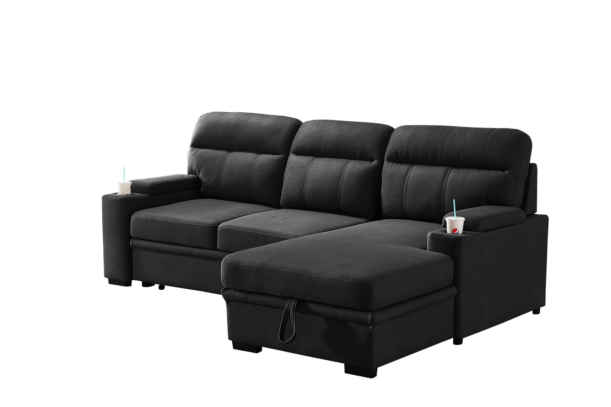 Kael 93-inch Black Polished Microfiber Sleeper Sectional Sofa with Right-Facing Chaise – L-Shaped Pull-Out Sleeper Bed, Dual Cupholders, Storage Arms, Contemporary Functional Design image 5