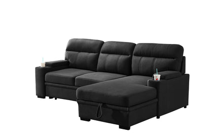 Kael 93-inch Black Polished Microfiber Sleeper Sectional Sofa with Right-Facing Chaise – L-Shaped Pull-Out Sleeper Bed, Dual Cupholders, Storage Arms, Contemporary Functional Design image 5