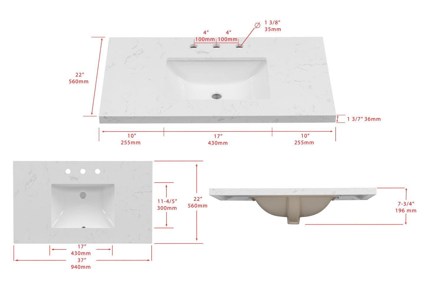 37'' Engineered Stone Vanity Top with Undermount Sink image 4