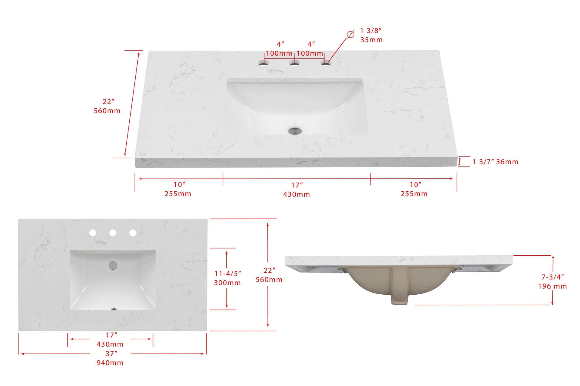 37'' Engineered Stone Vanity Top with Undermount Sink image 4