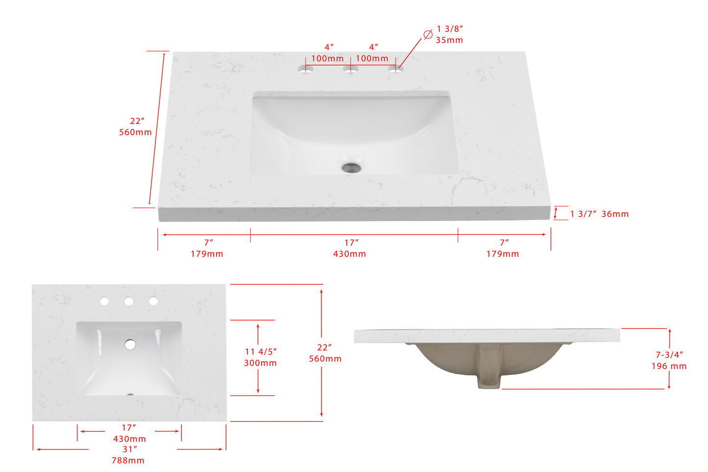 31'' Engineered Stone Vanity Top with Undermount Sink Quartz image 4