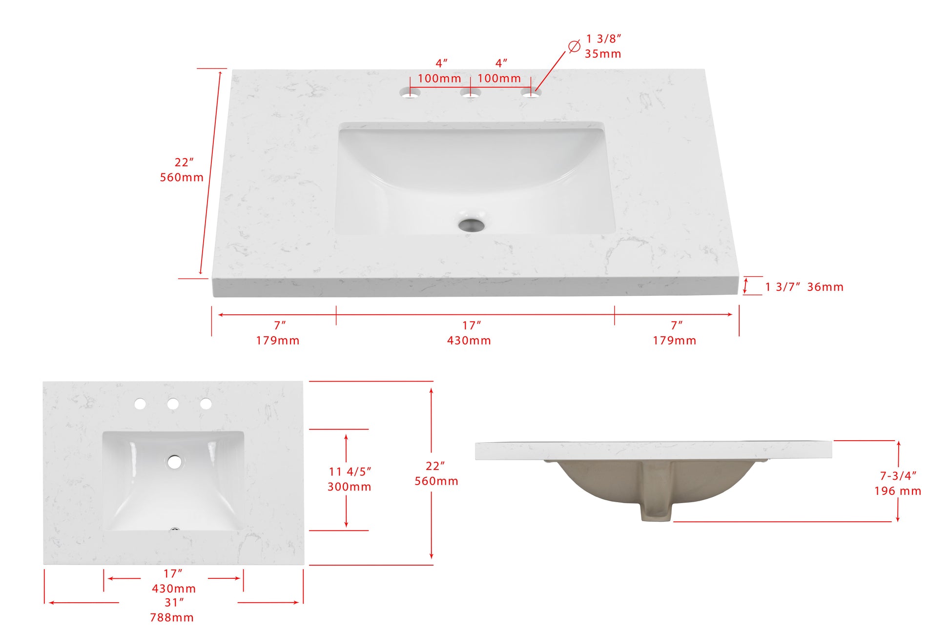 31'' Engineered Stone Vanity Top with Undermount Sink Quartz image 4
