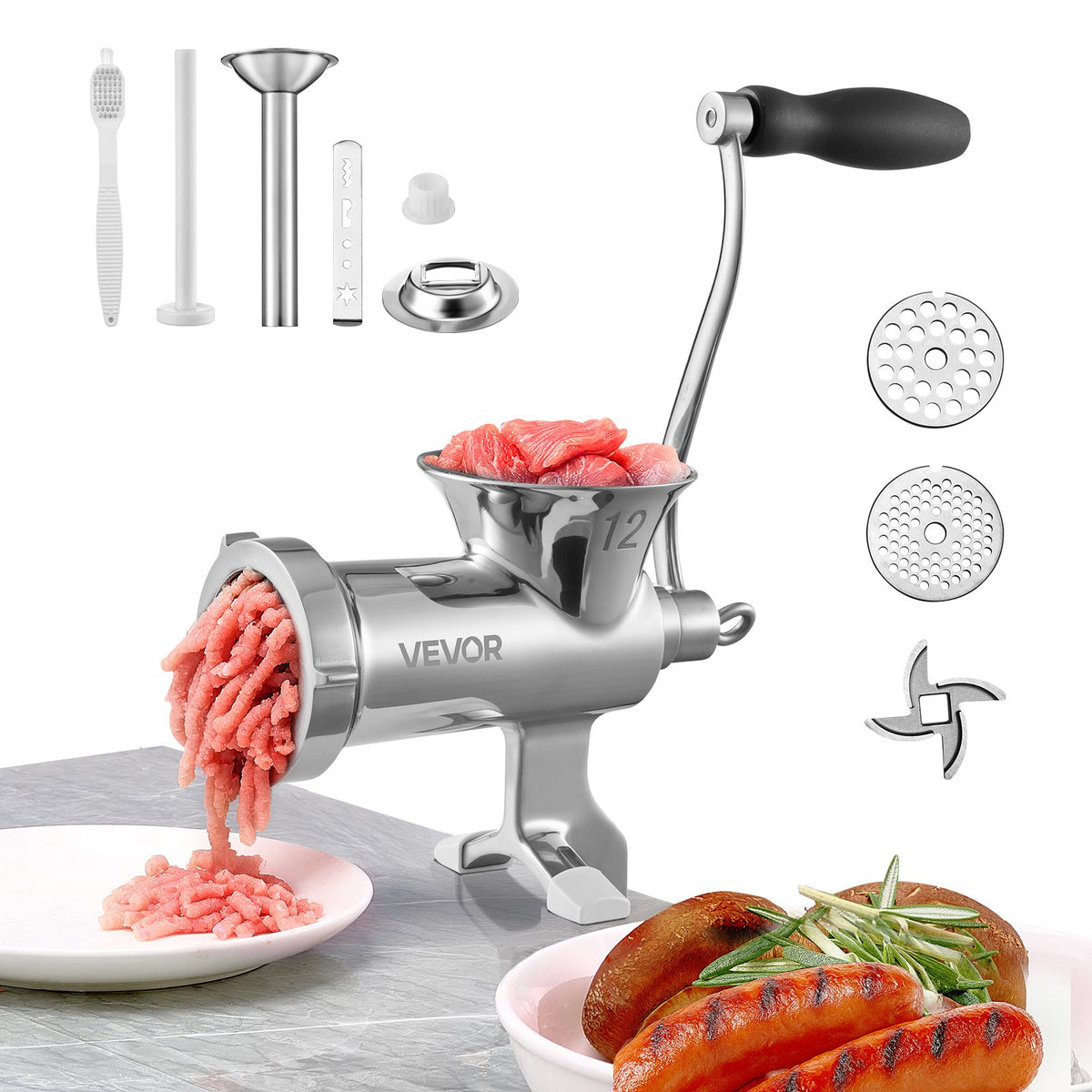 VEVOR Manual Meat Grinder, 304 Stainless Steel Hand Crank Meat Mincer and Sausage Maker with Grinding Plates for Beef, Pork, Chicken and Vegetables Table Clip / # 12