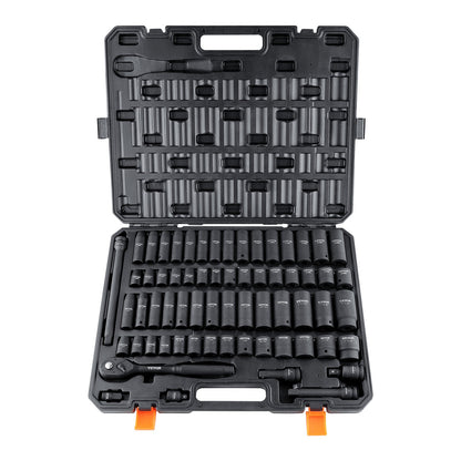 VEVOR Impact Socket Set, Deep and Shallow Sockets with Adapt 1/2 in / Standard / 65 Pieces
