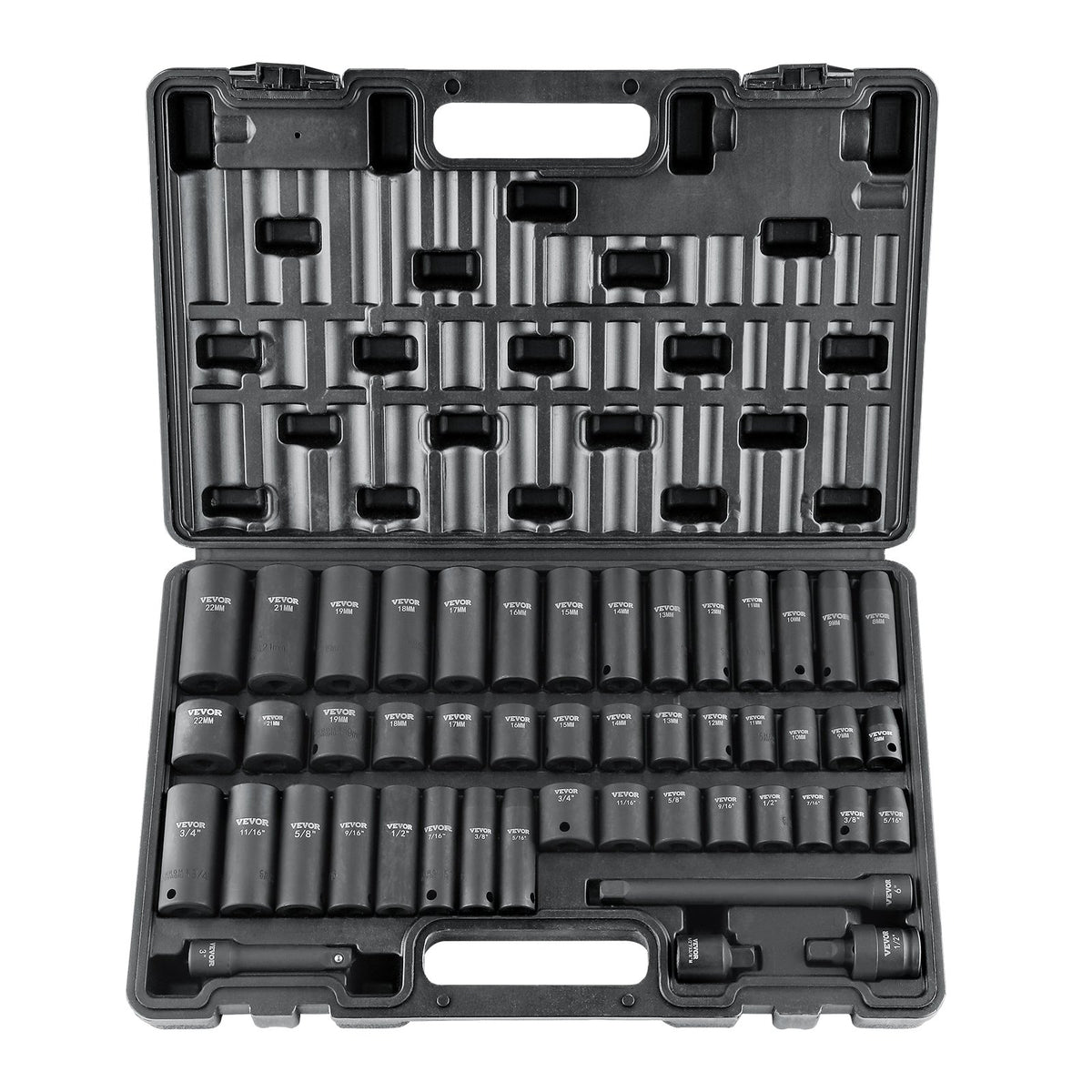 VEVOR Impact Socket Set, Deep and Shallow Sockets with Adapt 3/8 in / Standard / 48 Pieces