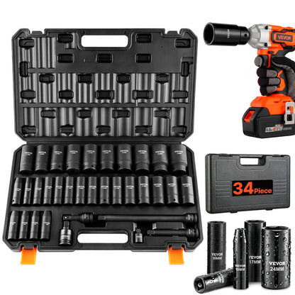 VEVOR Impact Socket Set, Deep and Shallow Sockets with Adapt 1/2 in / Deep / 34 Pieces