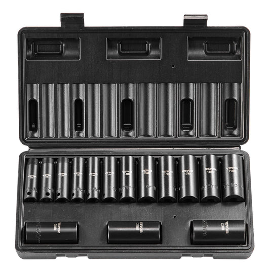 VEVOR Impact Socket Set, Deep and Shallow Sockets with Adapt 3/8 in / Deep / 15 Pieces