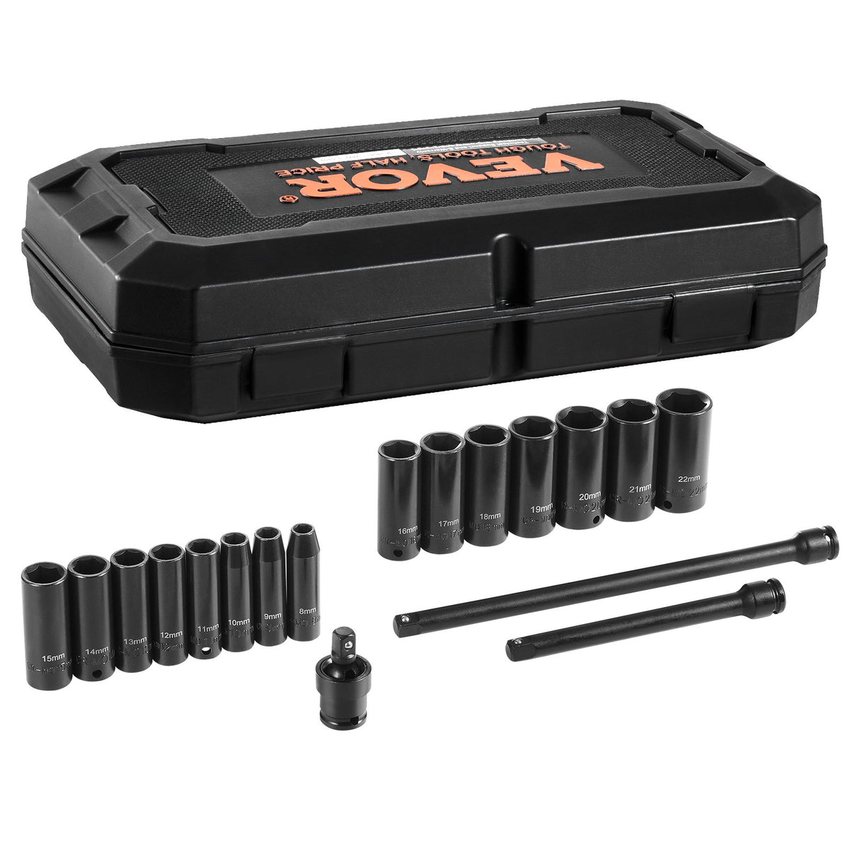 VEVOR Impact Socket Set, Deep and Shallow Sockets with Adapt 3/8 in / Deep / 18 Pieces