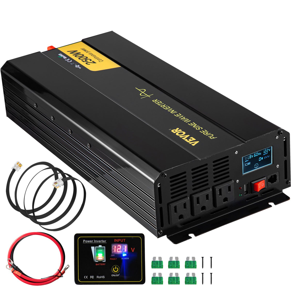 VEVOR Pure Sine Wave Inverter, DC 12V to AC 120V Car Power Inverter with LCD Display, USB Port and Remote Control, Power Converter for Car RV Truck Solar System Travel Camping 2500 W