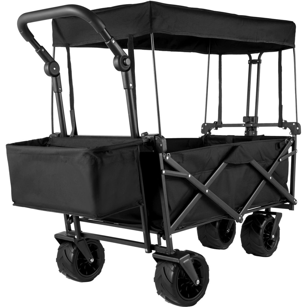 VEVOR Extra Large Collapsible Garden Cart with Removable Canopy, Folding Wagon Cart with All-Terrain Wheels and Rear Storage for Garden and Camping Black