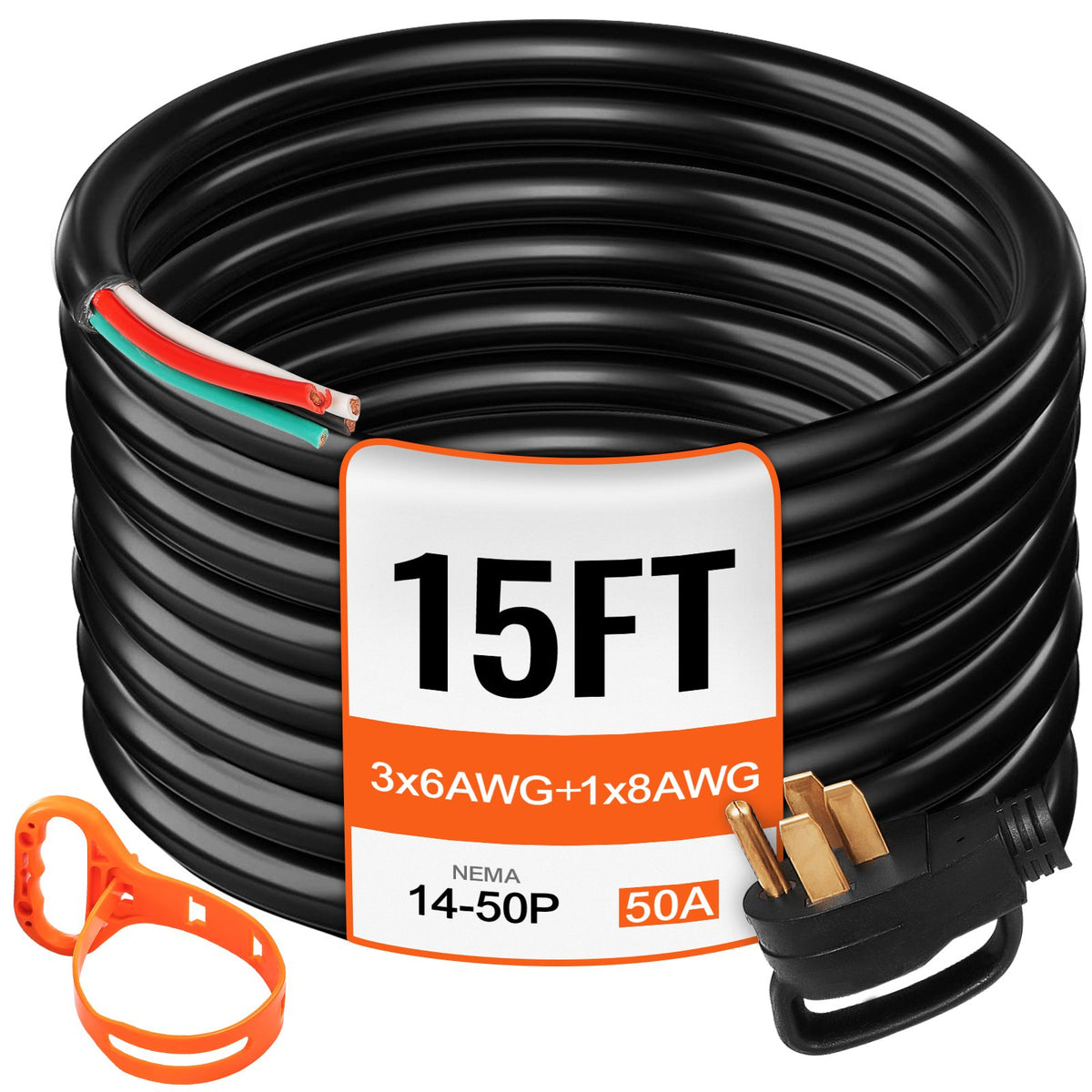 VEVOR Generator Extension Cord, Heavy Duty STW / SJTW Power  15 ft | 50A | NEMA 14-50P to Bare Wire