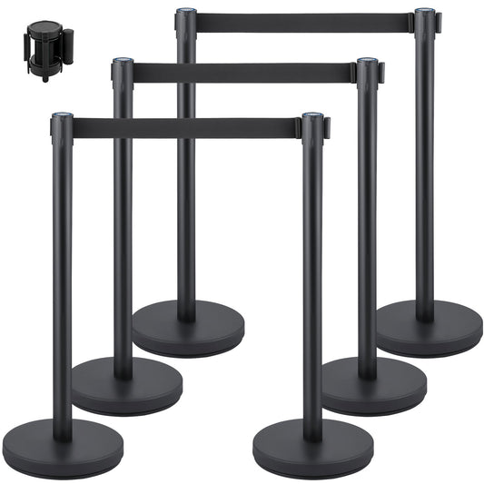 VEVOR Crowd Control Stanchion, 4/6/8 Pcs Stanchion Set with 6.6 ft/2 m Black Retractable Belt, Stainless Steel Queue Posts with Concrete and Metal Base for Airports, Hotels and Events 6 Pcs