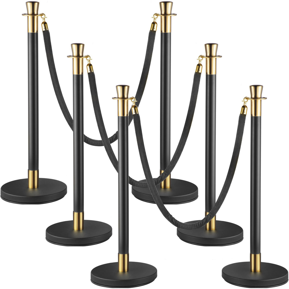 VEVOR Crowd Control Stanchion, Set of 6 Pieces Stanchion Set, Stanchion Set with 5 ft/1.5 m Black Velvet Rope, Black Crowd Control Barrier with Sturdy Concrete and Metal Base – Easy Connect Assembly Black Gold Post with Solid Base / Black Rope