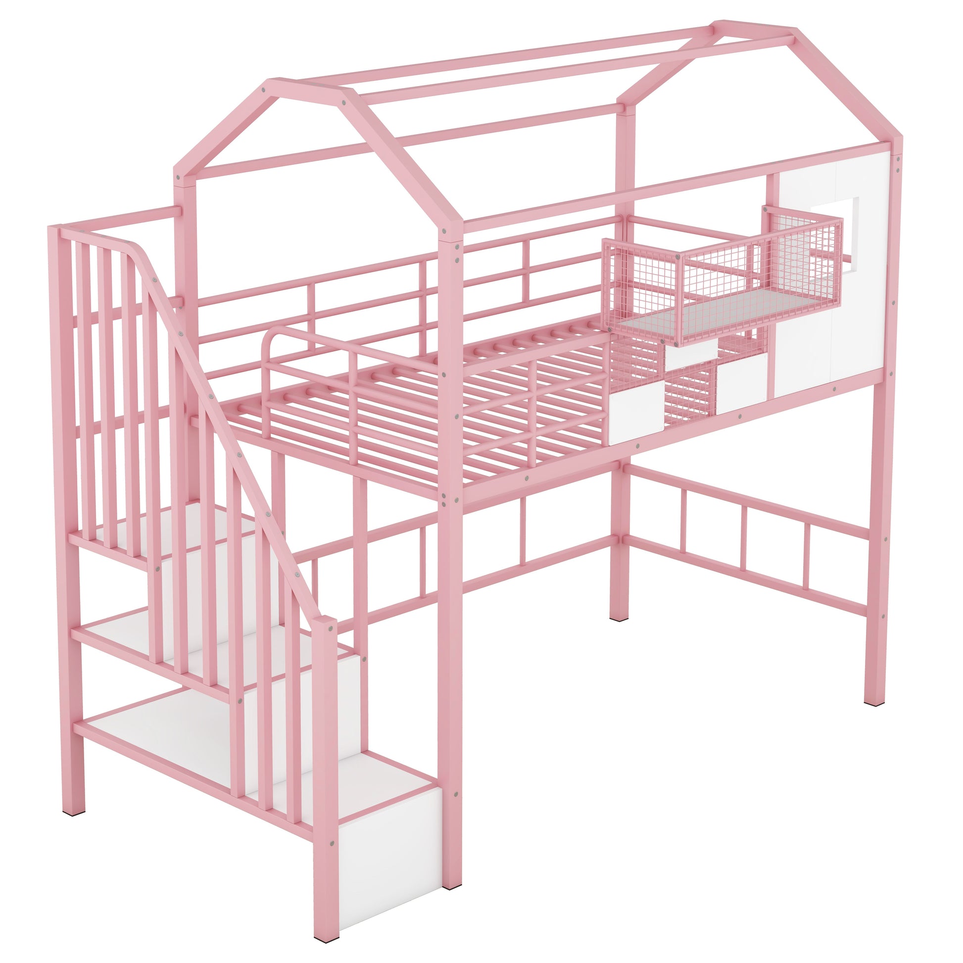 Metal Loft Bed with roof design and a storage box, Twin, Pink image 7