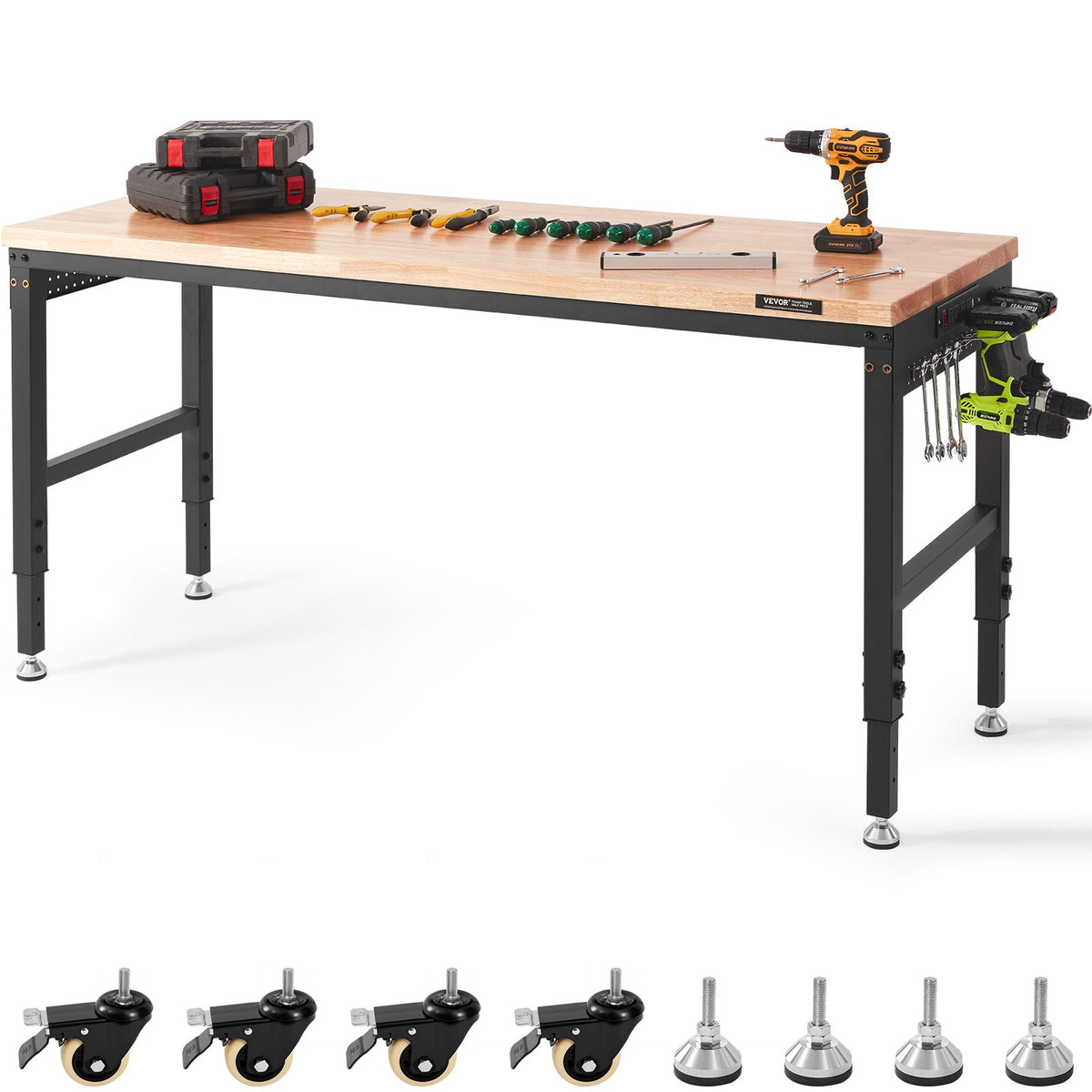 VEVOR Adjustable Workbench, Heavy Duty Garage Work Bench with Power Outlets and Hardwood Top, Height Adjustable Worktable for Workshop, Garage and Office 72 x 25 inch