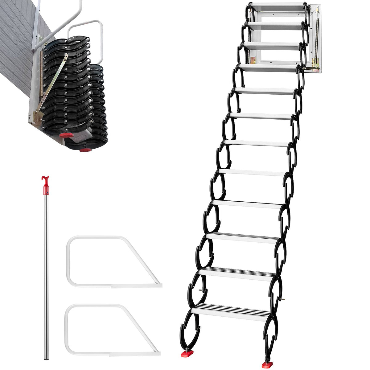 VEVOR Attic Ladder Pull Down, Wall-Mounted Folding Attic Stairs with Handrails, Retractable Loft Stairs Black Alloy Pull Down