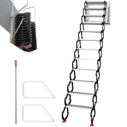 VEVOR Attic Ladder Pull Down, Wall-Mounted Folding Attic Stairs with Handrails, Retractable Loft Stairs Black Alloy Pull Down